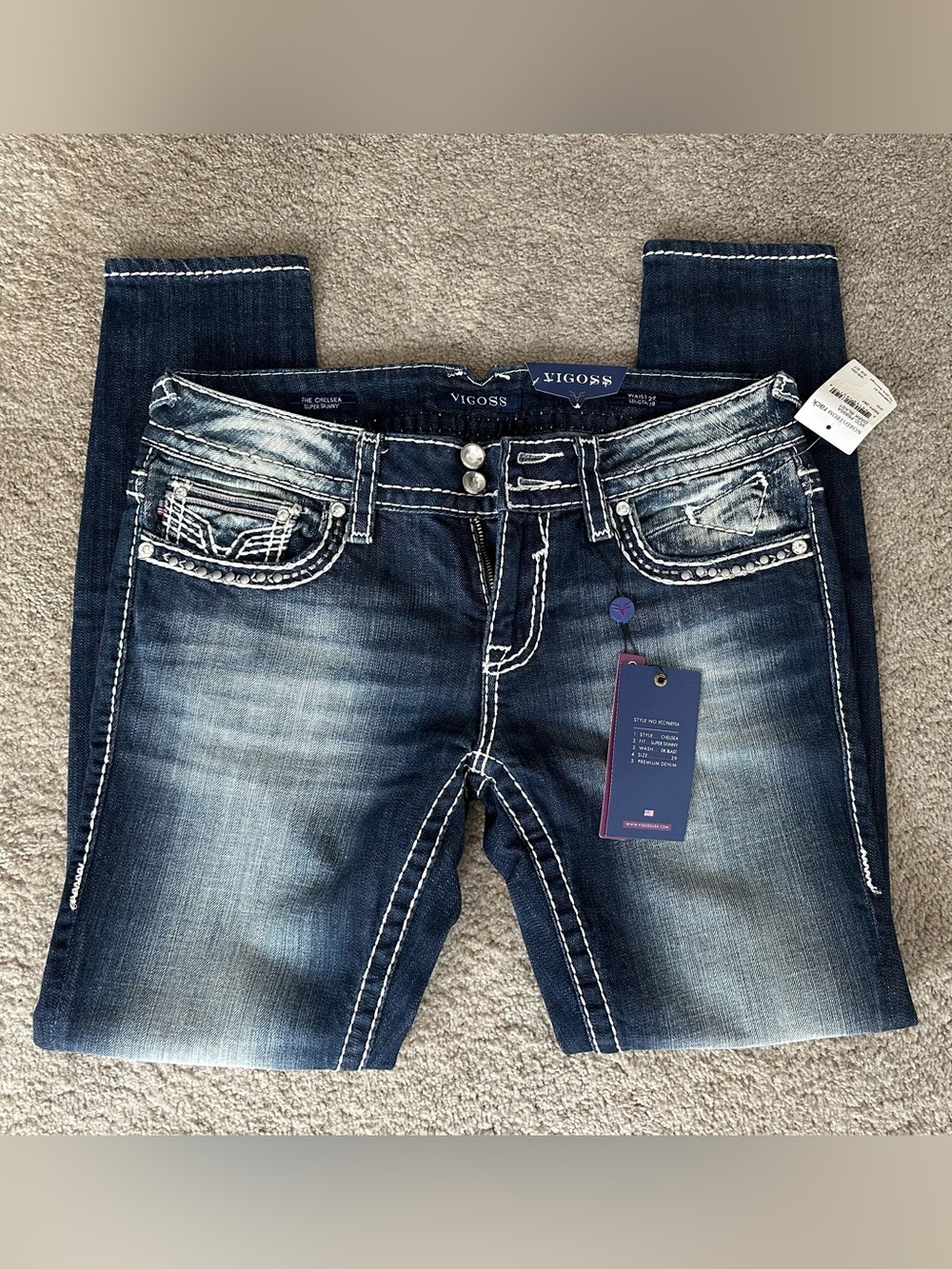 NWT Vigoss 🔹🔹 Women's Dark Indigo Distressed Chelsea Skinny Jeans Sz 29x29